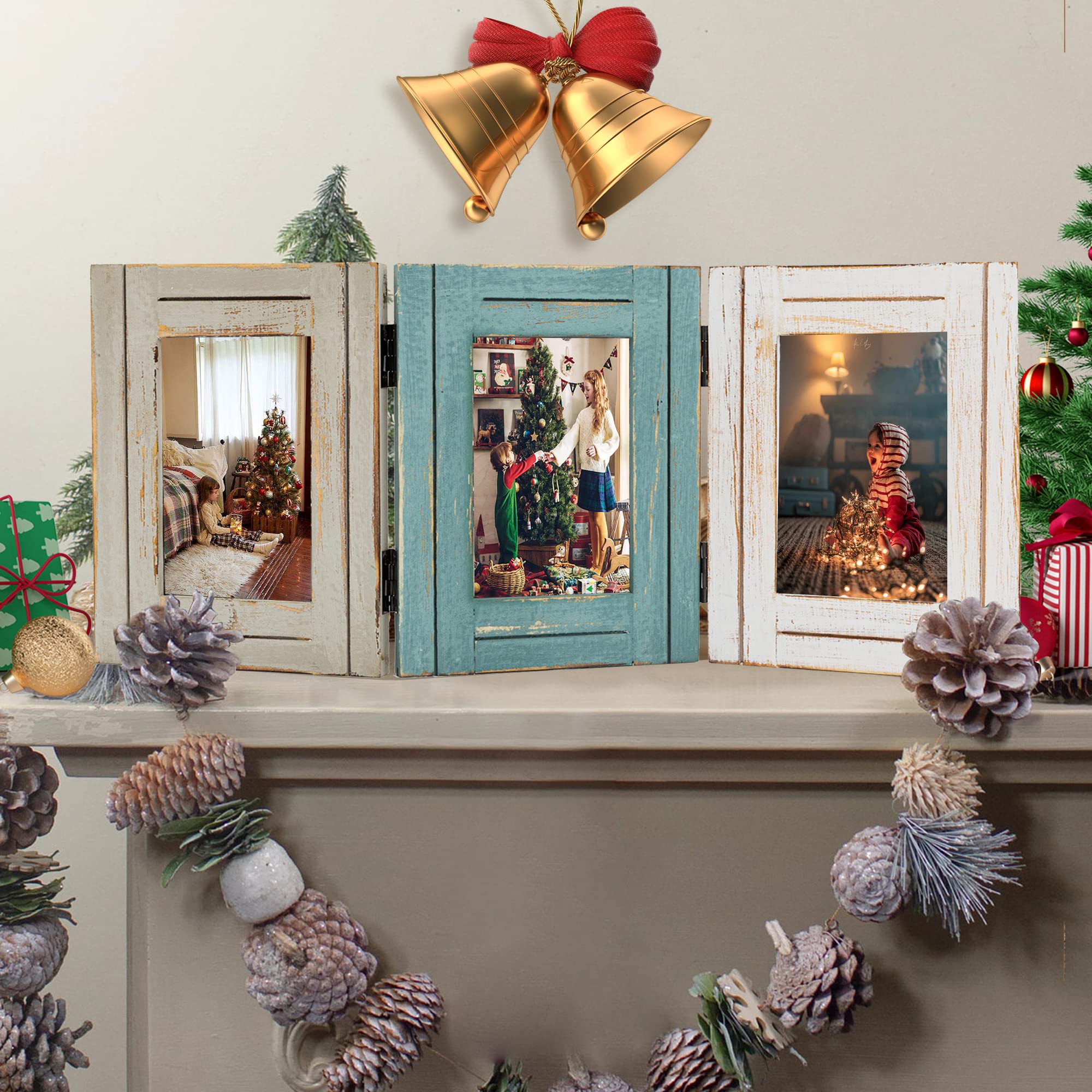 RiteSune Rustic Picture Frame 3 Folding 5X7 Triple Hinged Photo Frame Collage for Home Office Desk, Present for Christmas, New Y